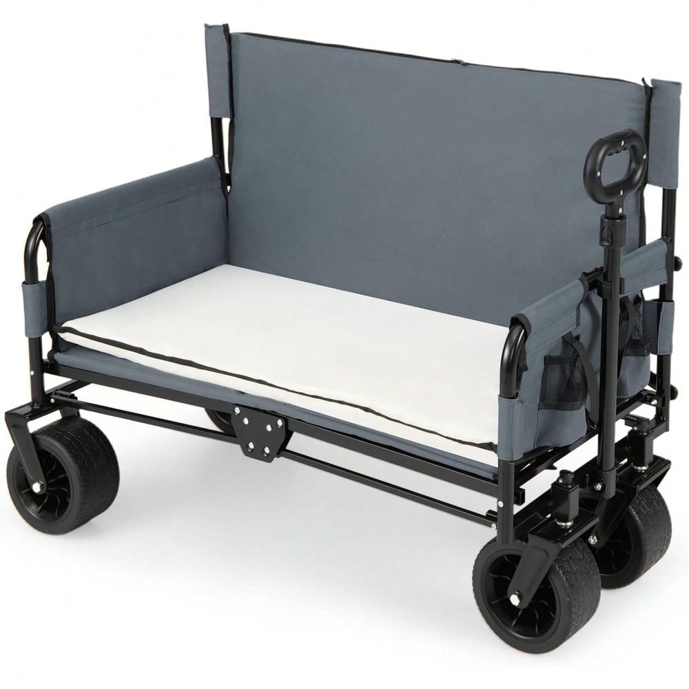 Pull Cart Fold - Wagenbankzitcombinatie, inklapbare strandkar met verstelbare duw-trekhandgreep,